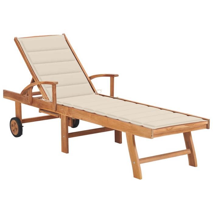 Chaise longue avec coussin crème en bois de teck solide - vidaXL - 3063008