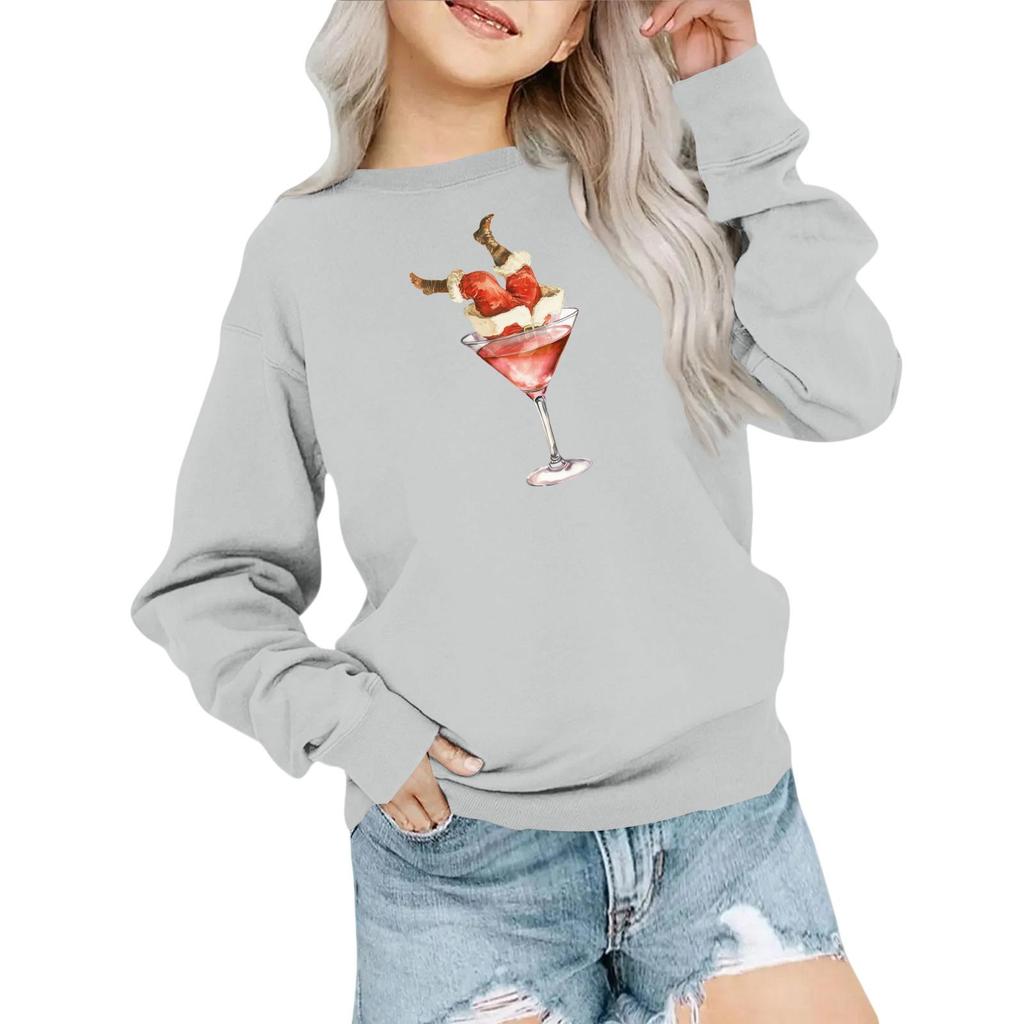 Moda Infantil Camisola Casual de Manga Comprida Larga com Estampa de Natal Gola Redonda Oversized
