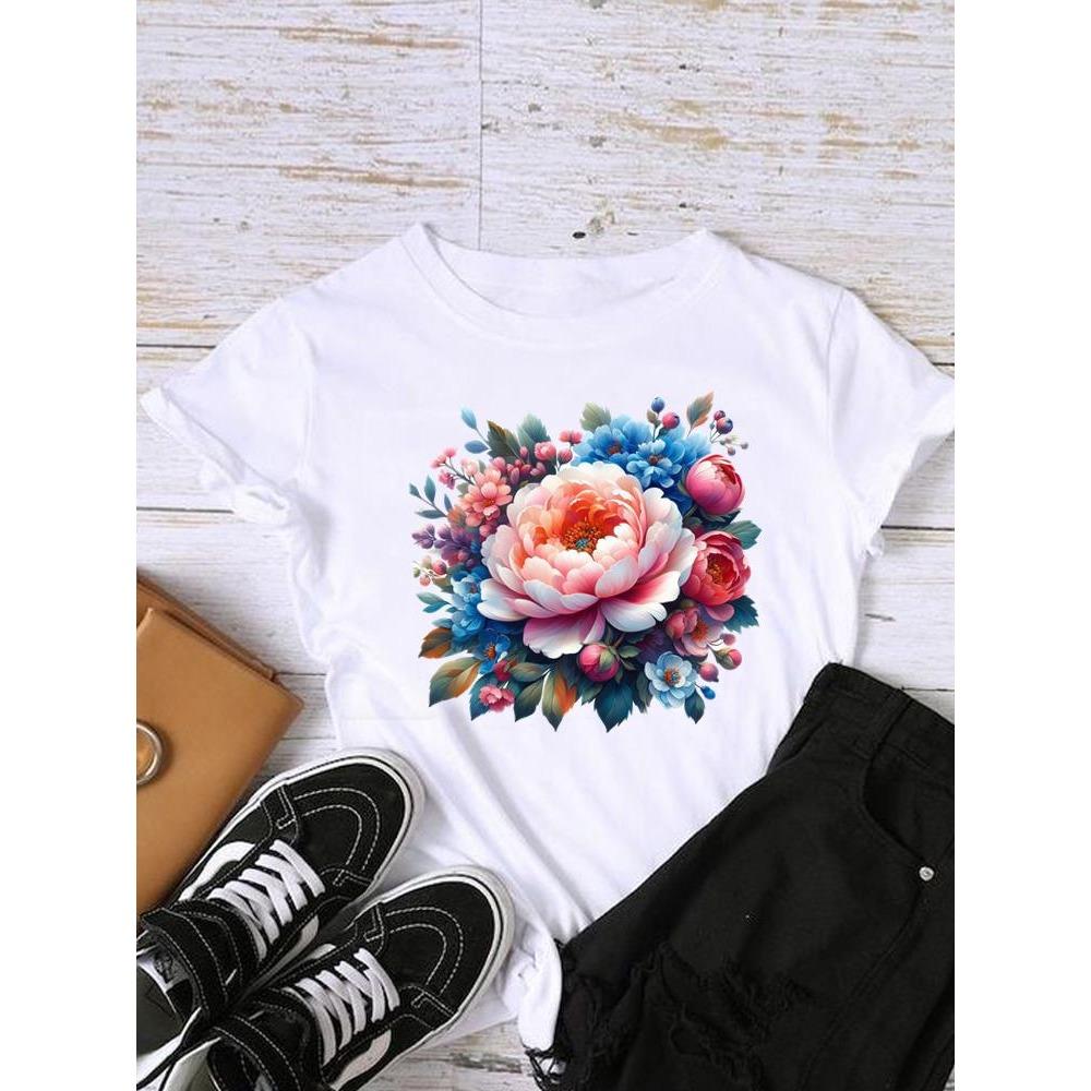 Style Flower Trend Clothing Graphic T-shirts Lady Short Sleeve T Shirt Women Print Female Fashion Clothes Casual Tee