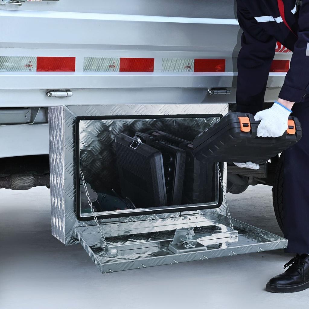 Underbody Truck Box, 24"×17"×18" Pickup Storage Box, Heavy Duty Aluminum Diamond Plate Tool Box with Lock and Keys, Waterproof Trailer Storage Box