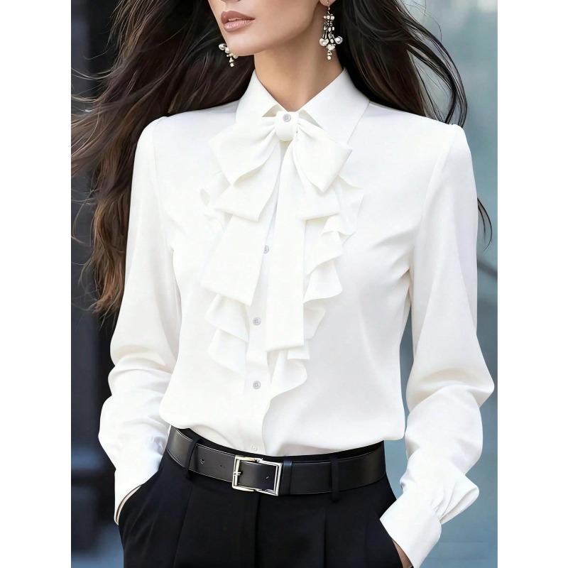 TIFICY Women's Fashion Casual Spring Autumn Solid Color Print Long Sleeve POLO Neck Blouses & Shirts