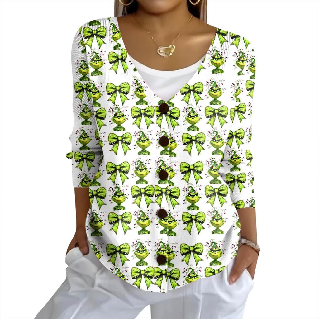 Women's Fashion Casual Knit Sweater Button-Up Christmas Print Cardigan Jacket