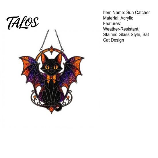 Cute Animal Themed Gift Halloween Bat Cat Suncatcher, Stained Glass Style Acrylic Sun Catcher, Gothic Black Catcher Hanging Ornament for Home