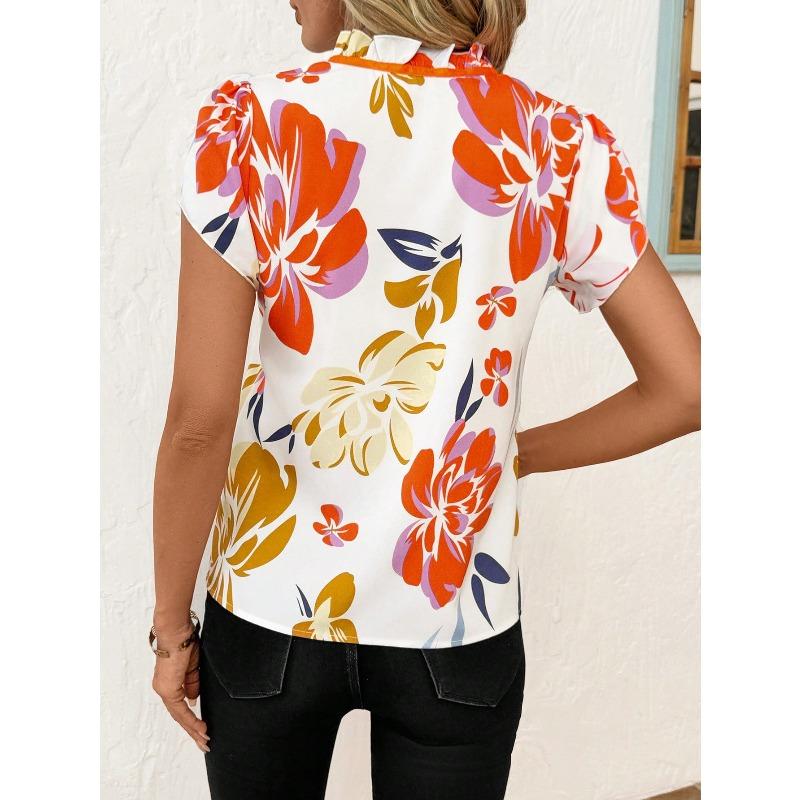 YYFS Women's Fashion Casual Summer Spring Flower Pattern Print Short Sleeve Stand-Neck Blouses & Shirts