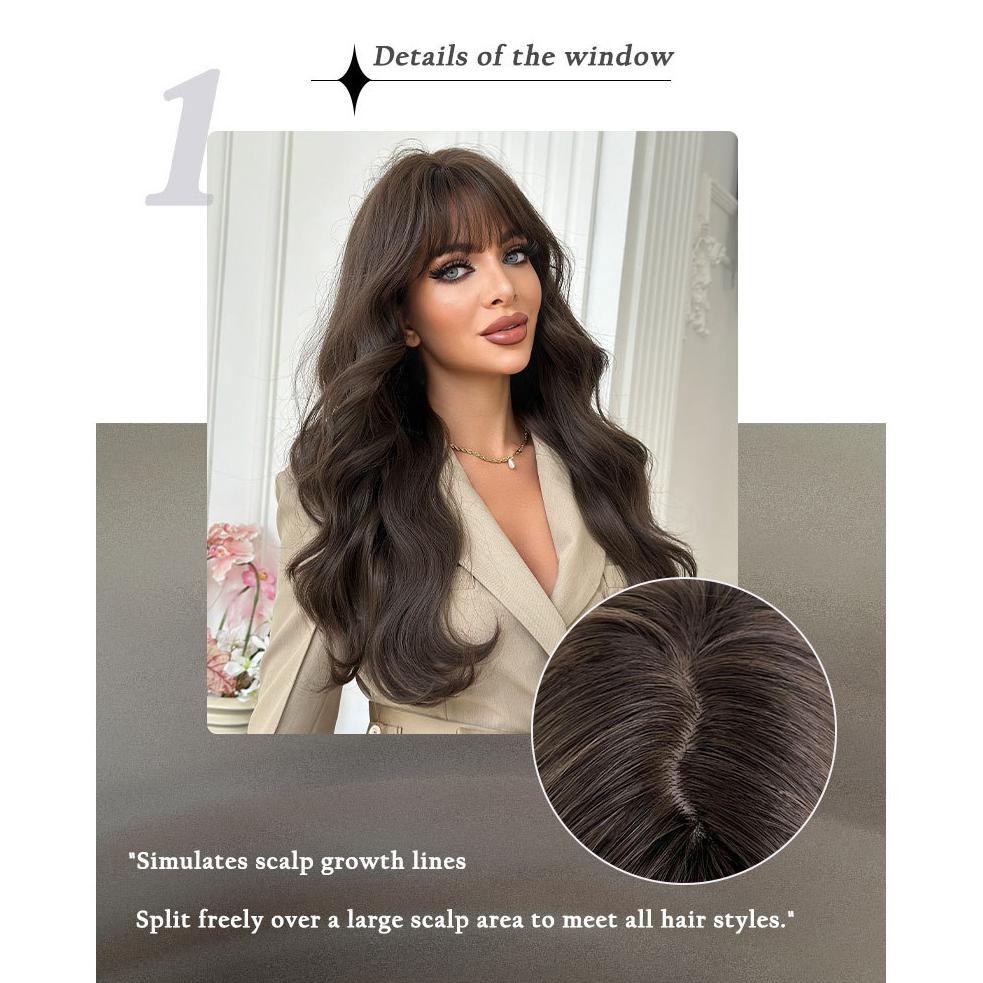 Middle East Cool Brown Big Waves Wig for Women - Air Bangs Long Curly Hair, Heat Style Trim Ready, European American Daily High Quality