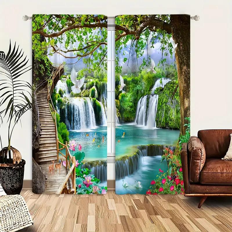 Set Of 2 Scenic Waterfall Floral Printed Curtains Designed Quality Material Ideal Nature Inspired Home Curtain With Semi Sheer Polyester