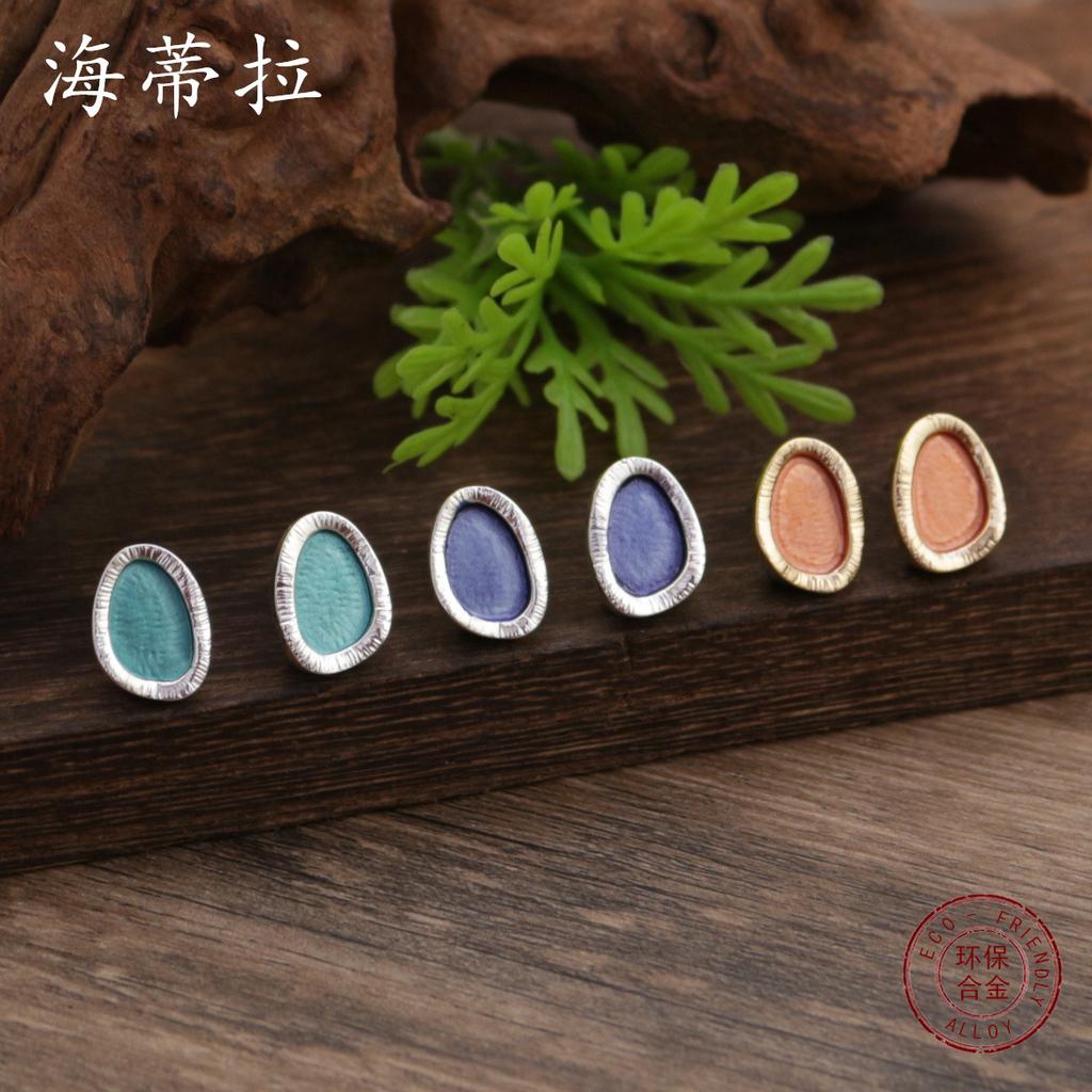 New Enamel Color Oval Stud Earrings Necklace Set, Women's Simple and Versatile Geometric Oval Stud Earrings Necklace
