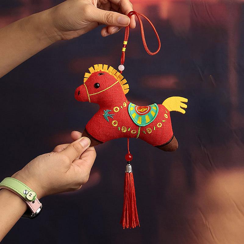 Cute Zodiac Horse Pendant Red Car Keychain Pendant Embroidery Doll Mascot  Year Chinese Style Gifts Decoration Accessories