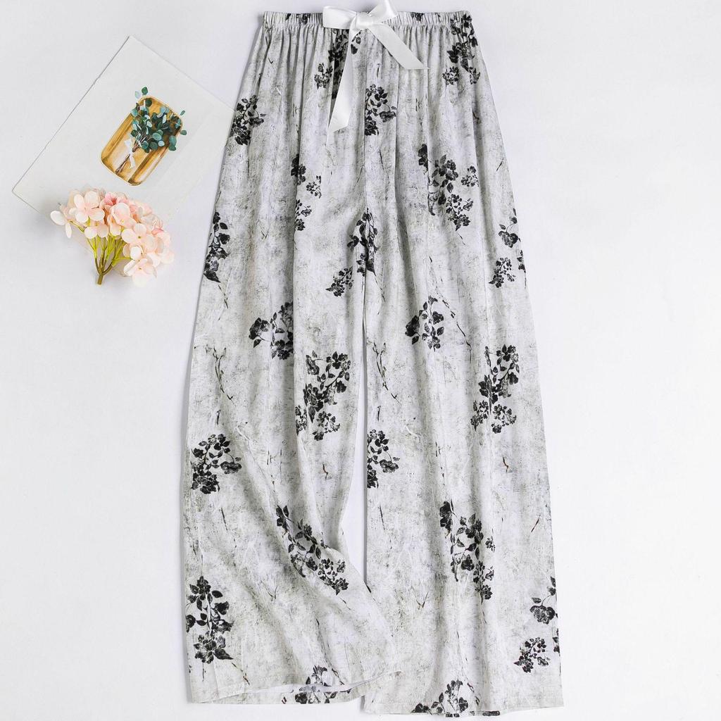 Women's Floral Cotton Silk Pajama Pants, Mosquito Repellent, Outdoor & Home Wear, Plus Size, Lightweight Summer Style.