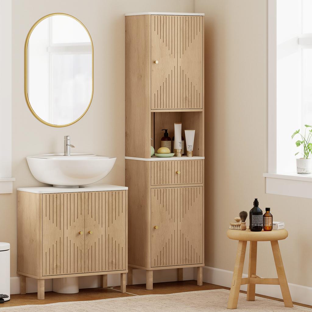 Multi-Storage Slimline Bathroom Cabinet - Oak Wood Effect