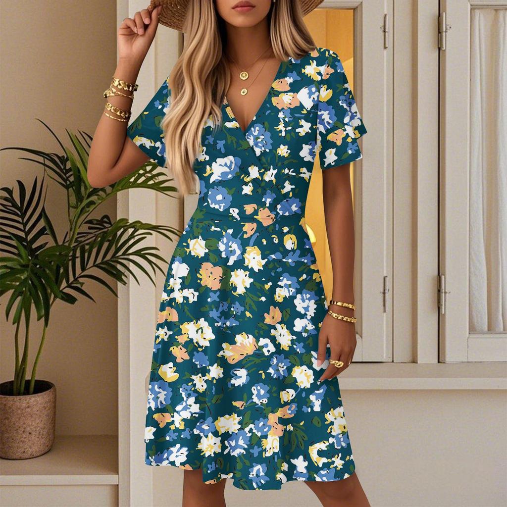 Damen Sommer Mode Blumenmuster Kleid Lässig Strand A-Linie V-Ausschnitt Lockeres Sommerkleid