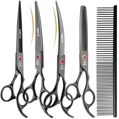 7 Inch Black Pet Grooming Scissors Set Professional Pet Scissors Tools Set Cutting Shear Dense Thinning Scissors Up Down Curved Scissors Set