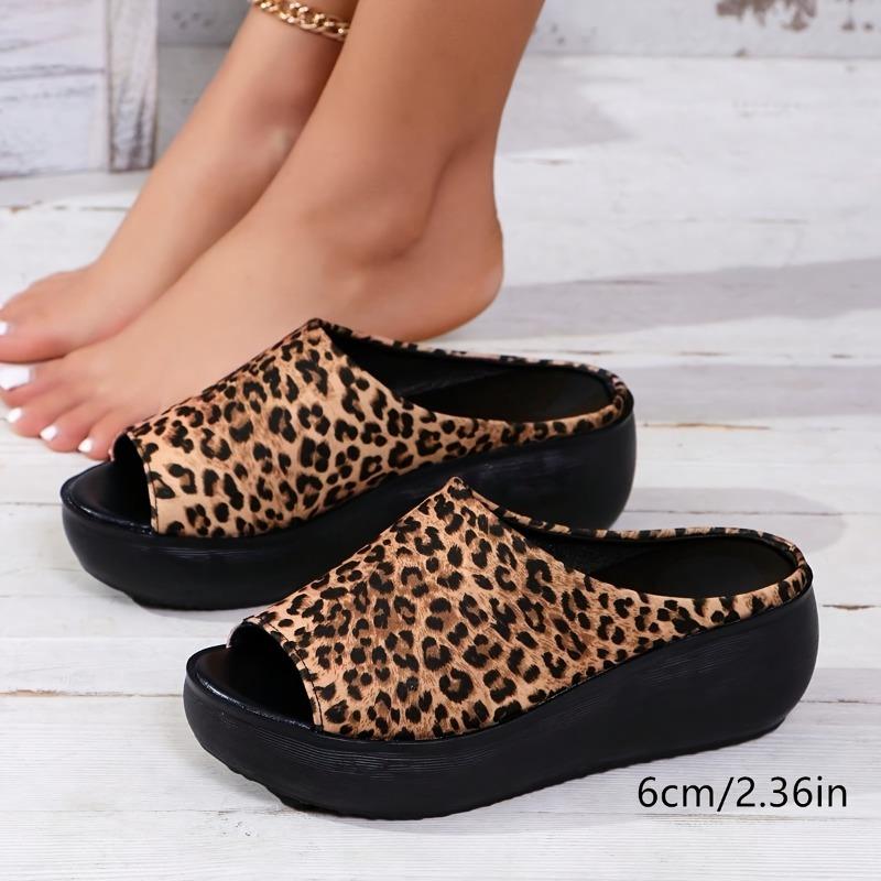 Women's Leopard Print Wedge - Slip-On Open-Toe Platform Slippers with Thick Cushioned Heel, Black & Tan Animal Shoe for Beach, Parties