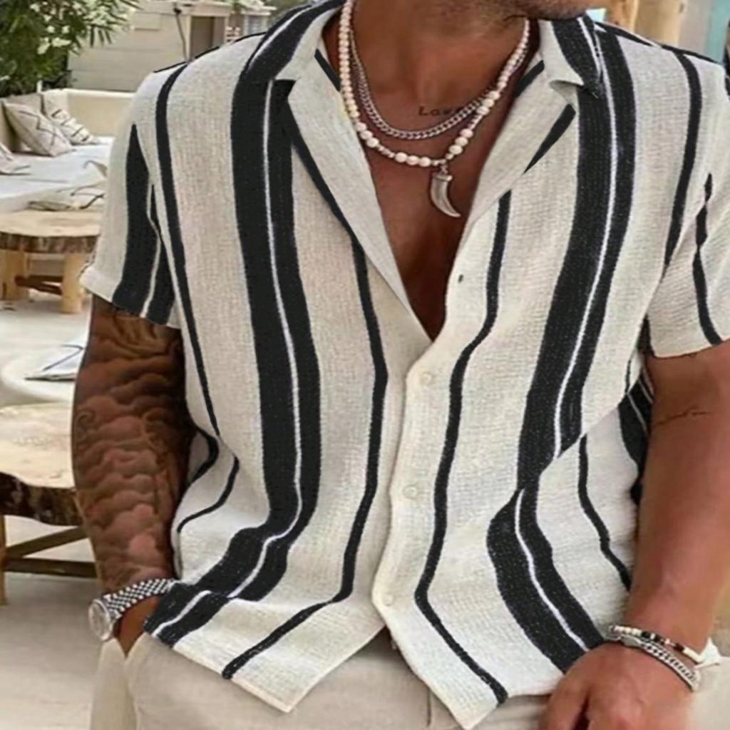 Men's Retro Lapel Vertical Striped Short-sleeved Shirt Casual Breathable Top Suitable For Daily Commute Beach Vacation