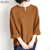 ZANZEA Blusa Casual de Mujer de Cuello Redondo Suelta de Manga 3/4 Lisa