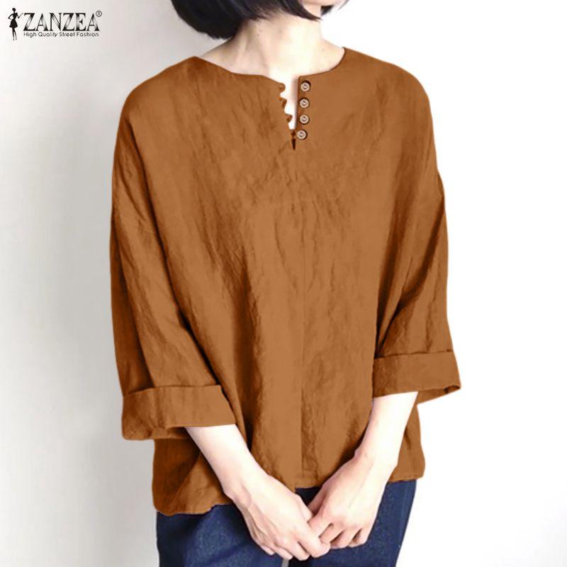 ZANZEA Blusa Casual de Mujer de Cuello Redondo Suelta de Manga 3/4 Lisa