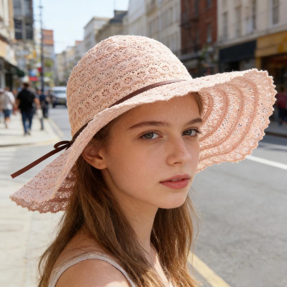 (One Size, Pink) Women's Summer Straw Hat Elegant Floppy Wide Brim Beach Cap Lightweight Lace Sun Hat