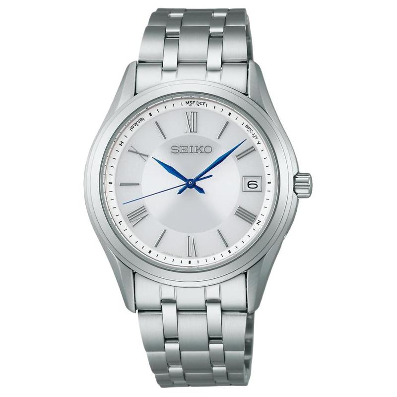 

SEIKO SELECTION 100 meters waterproof date display perpetual calendar antimagnetic solar Quartz Steel Strap 37mm men s watch silver dial SBTM357 синій