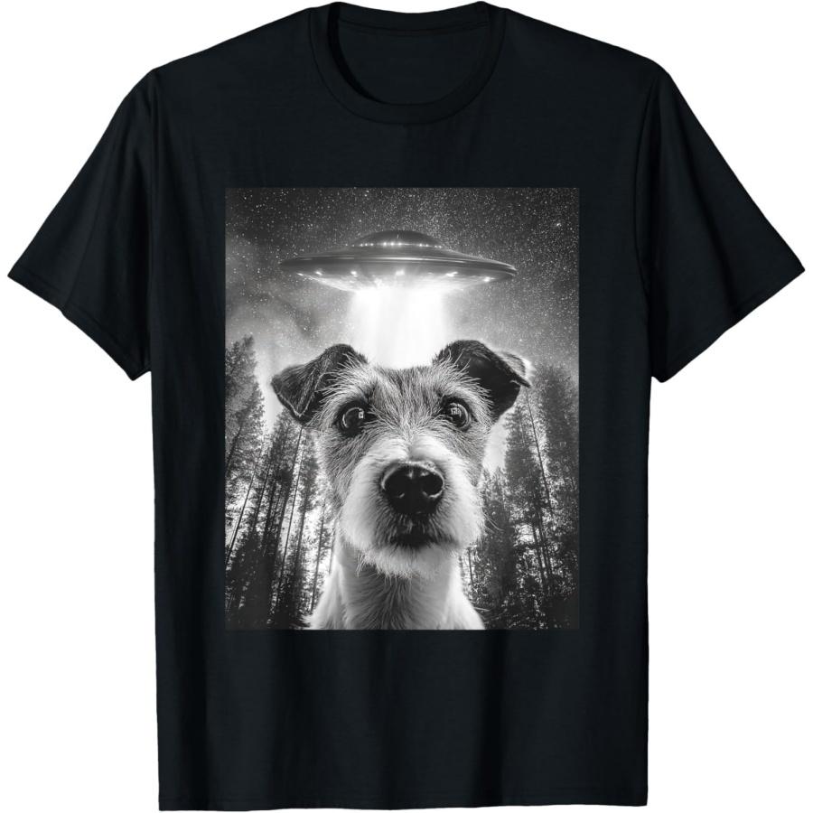 Surprised Jack Russell Terrier with Alien UFO, Funny Dog T-Shirt XXXXXL чёрный