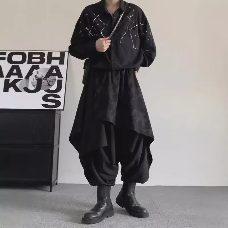Pánské černé harémové kalhoty Warrior: Velká velikost, Styl Yamamoto, Design nepravidelné sukně, Niche originální dvoudílný rozkrok
