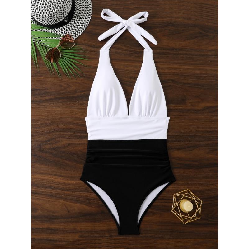 Women s Black and White Color Block Halter V-Neck Ruched One-Piece Swimsuit S