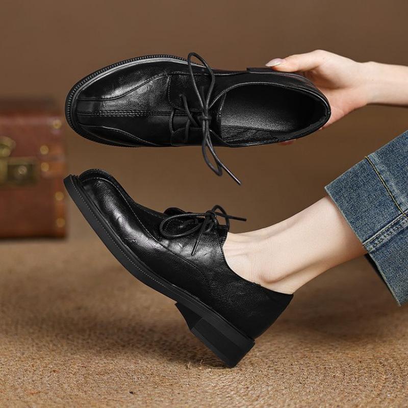 New Women's Low-heeled Single Shoes Lace-up Flat-heeled Round Head Black Small Leather Shoes Comfortable Thick-soled Non-slip Four-season Women's Sing