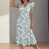 Women Midi Dress Bohemian Flower Print V Neck High Waist Patchwork Dress-up Loose Hem Shirring A-line Lady Summer Dress Female Clothes
