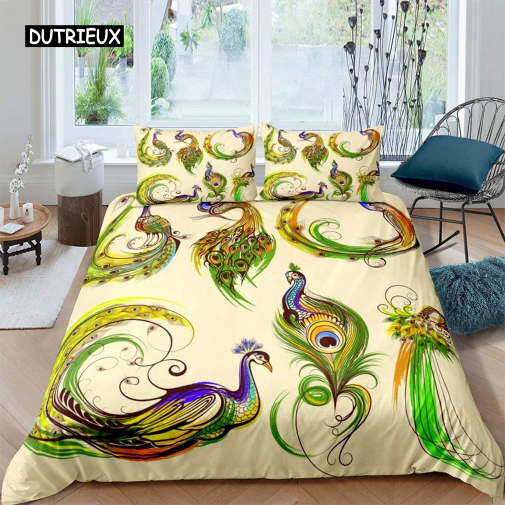 Duvet Cover Peacock Exotic Birds Animals Quilt Cover Polyester Feather Butterfly Flowers Bedding Set King For Girls Teen Room