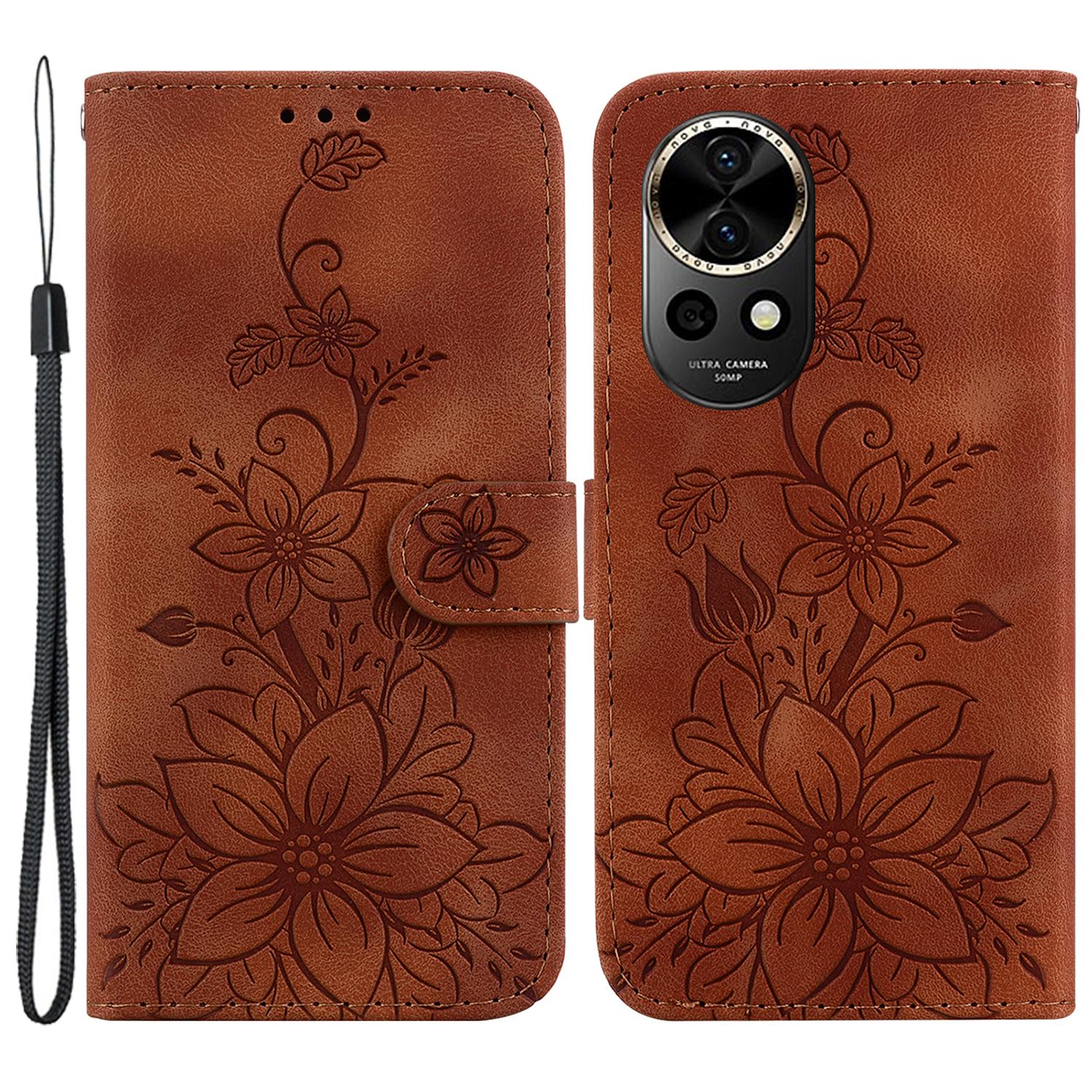 

For Huawei nova 12 5G Wallet Case PU Leather Phone Cover Flower Imprinted Brown