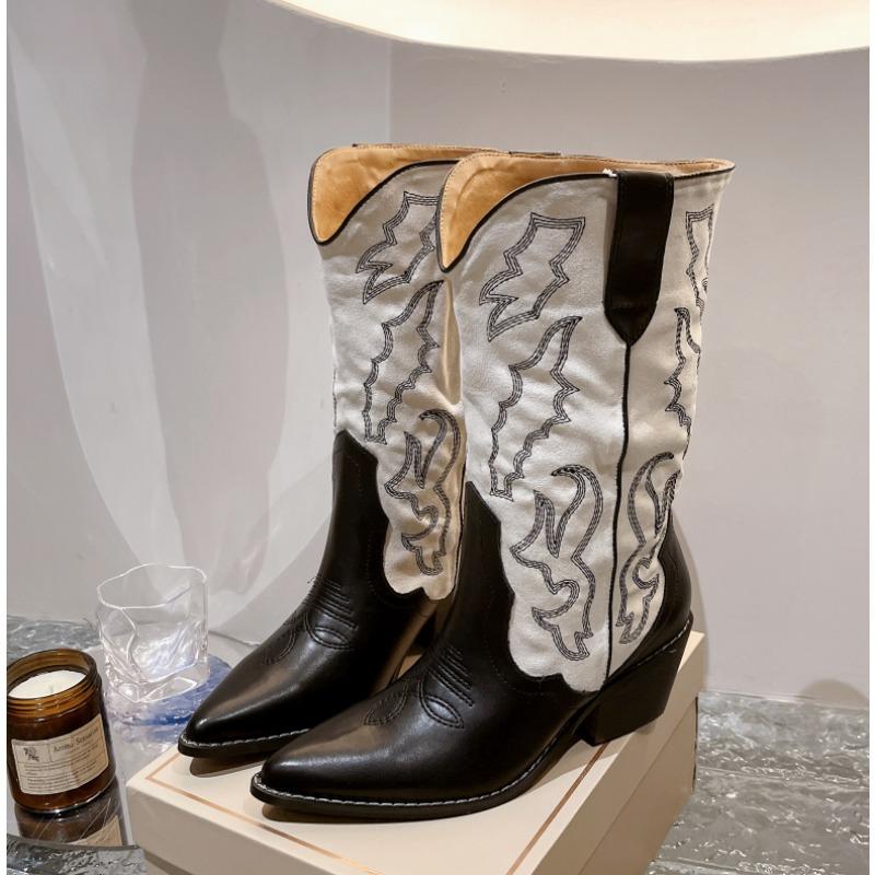 Fashion Embroidery Women Western Cowboy Boots 2025 Fashion Slip On Thick Heel Knight Long Booties Retro Style Autumn Winter Female Shoes