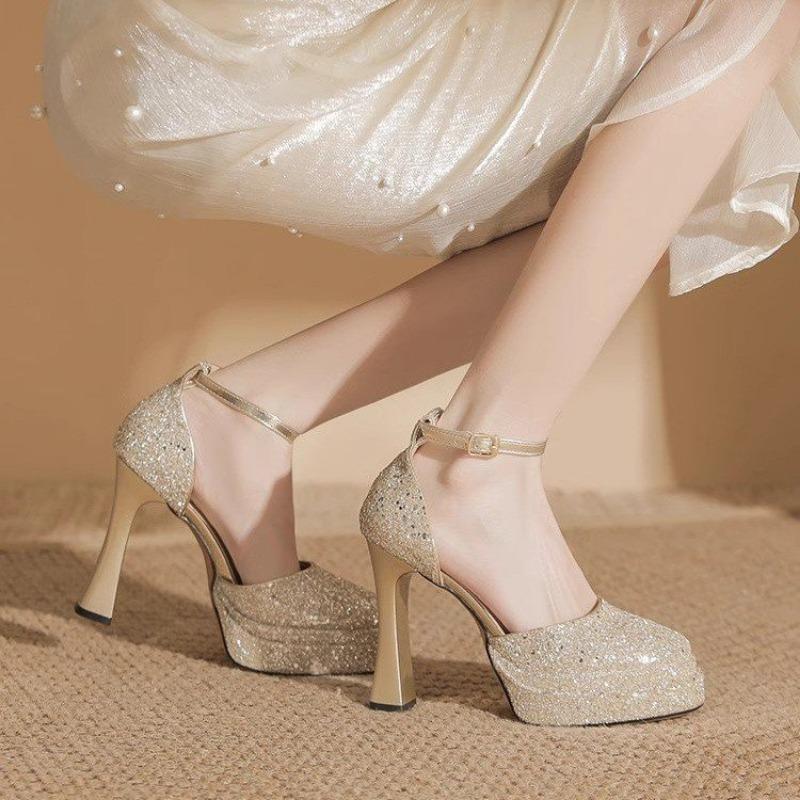 Sequins Fashion Women's Shoes 2025 Summer New High Heeled Sandals Large Size Women's Shoes Gold Silver