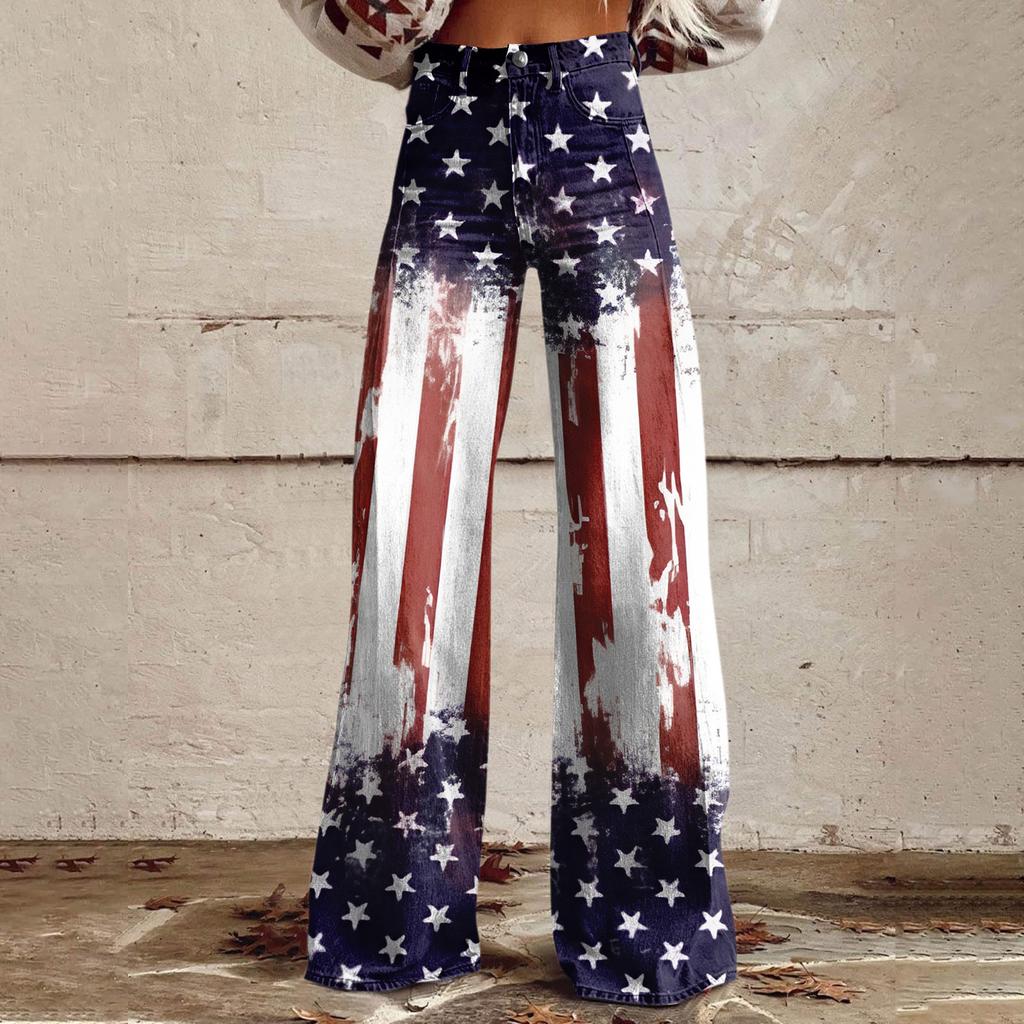 Wide Leg Flare Jeans For Women With Pockets Baggy Pants Vintage Floral Print High Waisted Loose Pant