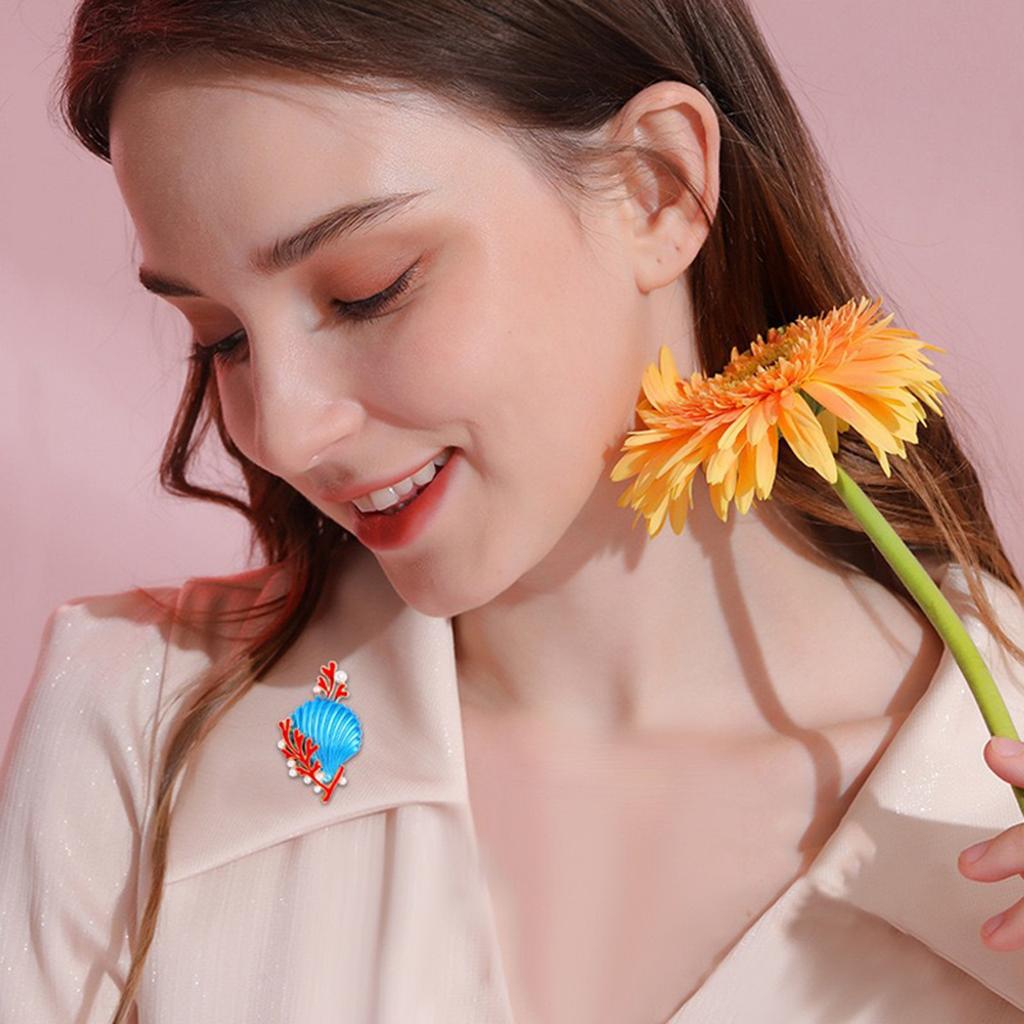 Shell Coral Brooch With Pearls Accent And Vivid Drip Glaze Craftsmanship Lapel Pin For Daily Wear Or Special Occasions