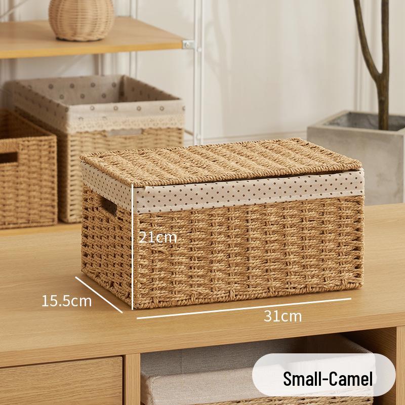 Rattan Woven Storage Basket with Lid - Cosmetics Organizer & Snack Box