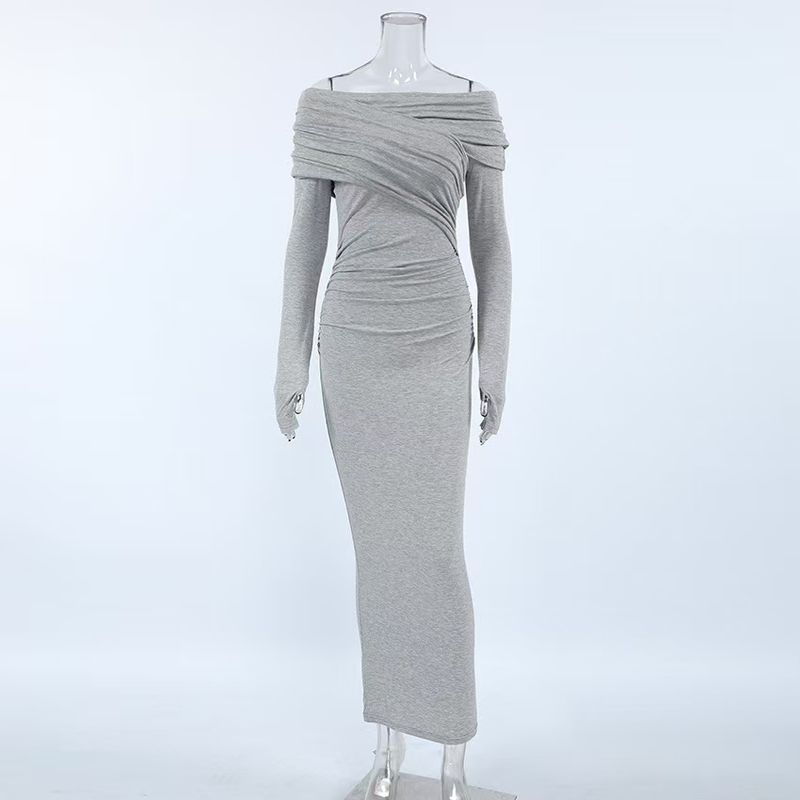 

Western Style Autumn Fashion Sexy off-Neck Sheath High Waist Dress Sexy Hip Hugging Dress Gray L