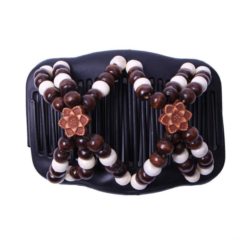 Sunflower Style Wooden Bead Hair Comb - Double Row, Versatile Handmade Hair Accessory.