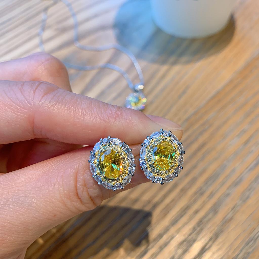Huamei Jewelry Set Micro Inlaid Yellow Crystal Necklace Internet Celebrity Live Streaming Exquisite Gem Earrings