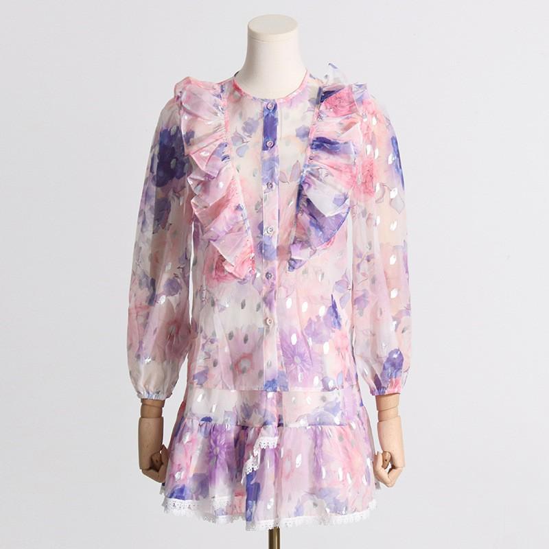 

Style Ruffled Printed Long-sleeved Shirt + High-waisted Skirt Two-piece Suit Women L фіолетовий