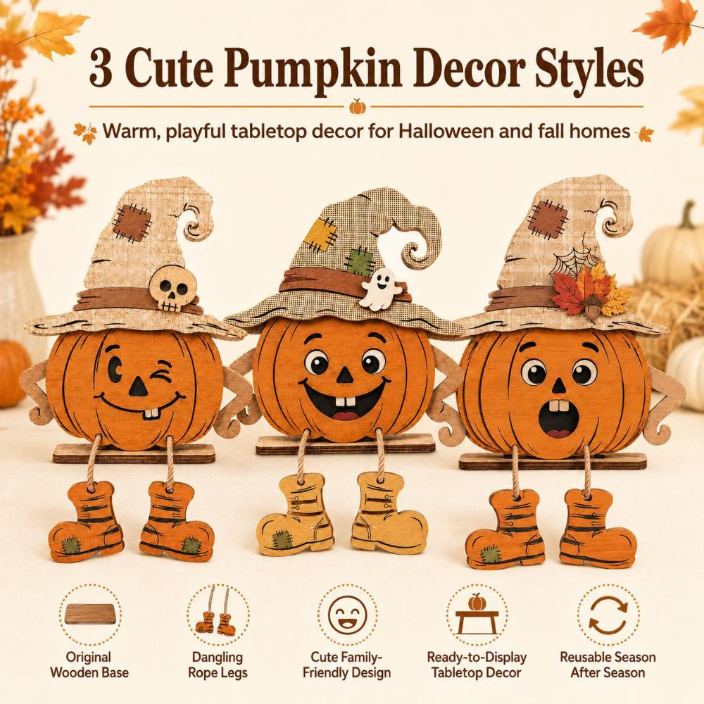 1Set Halloween Pumpkin Wooden Stand 3 Styles Cute Pumpkin Face Ornament Witch Hat Dangling Legs Tabletop Decor Fall Home Decor