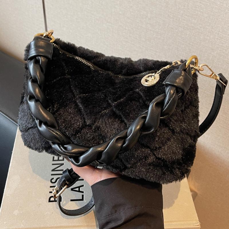 Autumn new diamond plush bag woven portable small square bag fashion crossbody shoulder plush women's bag