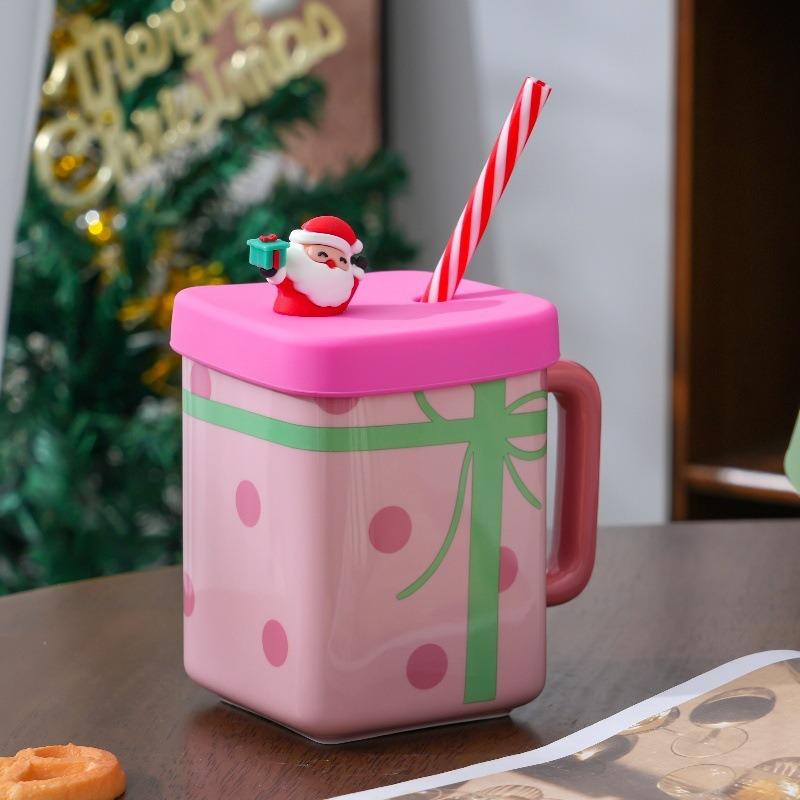 Cute Santa Claus Ceramic Mug With Handle Lid Straw Home Oat Milk Coffee Breakfast Cup Couples Christmas Gift 450ML