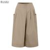 ZANZEA Womens Casual Elastic Waist Loose Wide Leg Cropped Pants