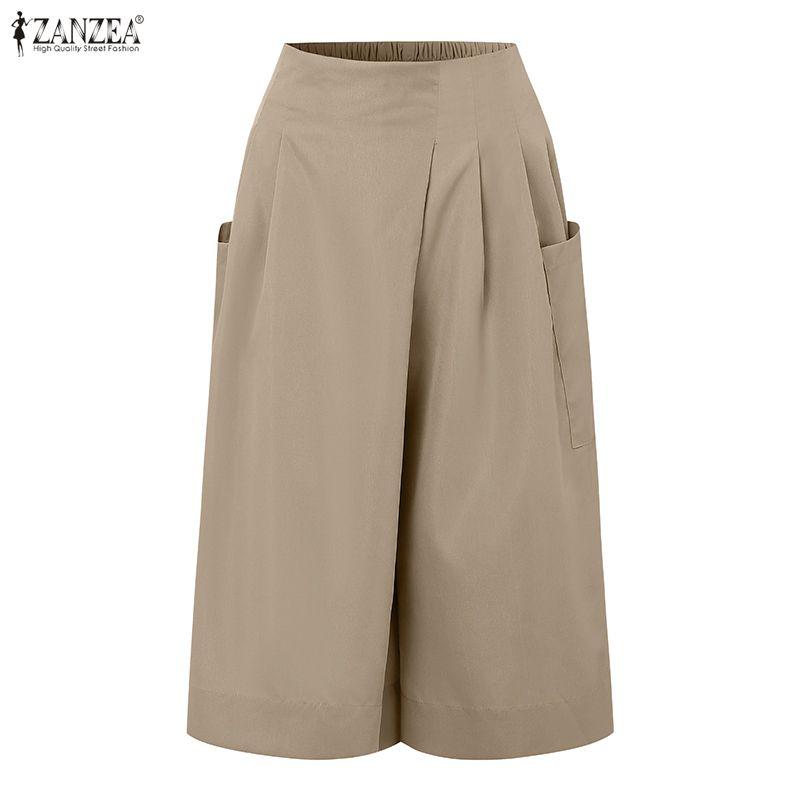 ZANZEA Womens Casual Elastic Waist Loose Wide Leg Cropped Pants