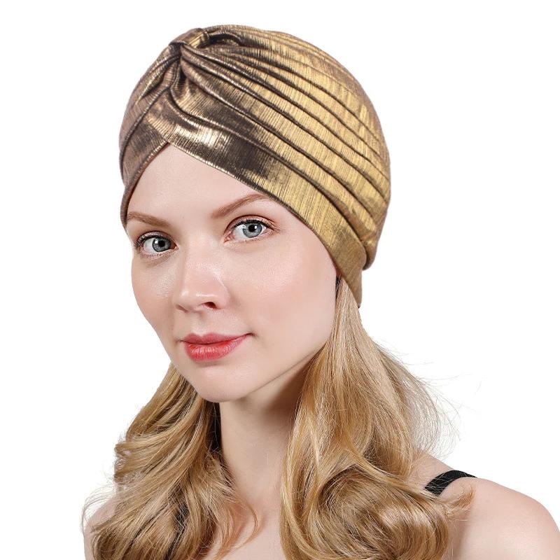 Nové dámské zlaté stříbrné turbanové čepice chemo bandana hidžáb plisovaná indická čepice turbante klobouk dámský šátek na vlasy muslimská pokrývka hlavy