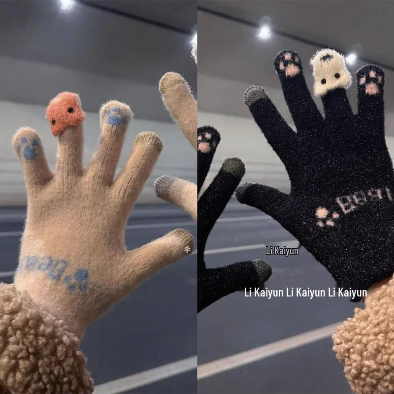 Women's Cute Winter Touchscreen Wool Knit Gloves - Velvet Lined, Cold-Proof for Cycling and Daily Wear