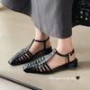 Fashion Women's new summer leather cowhide hollow breathable retro pointed elastic belt buckle low heel toe Roman sandals