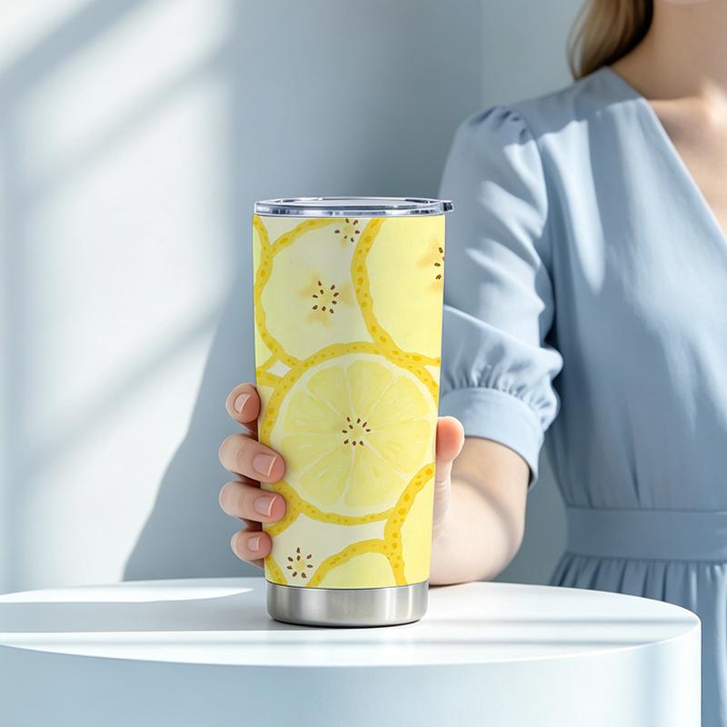 591ml Car Tumbler(1 Random Straw Included)Oil Paint Lemon Slice MotifCreative Gift Cup Outdoor Portable Cup Straight Travel Mug 591ml Car Tumbler