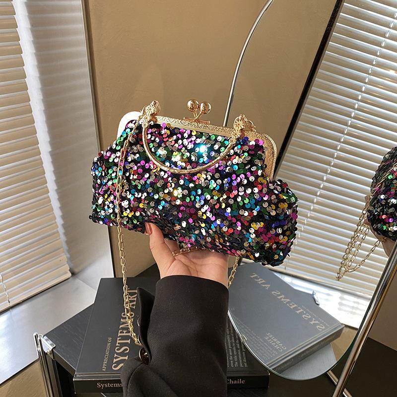 Luxury Glitter Sequins Clutch Handbag Women Metal Top Handle Messenger Tote Bags Crossbody Shoulder Chain Lady Commuting Purse