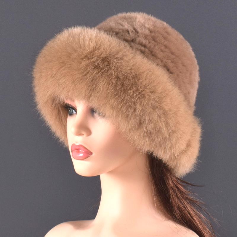 Women Outdoor Winter Warm Natural Fox Fur Hats Lady Knit Fur Cap Female Fashion Knitted Fluffy Real Rex Rabbit Fur Hat