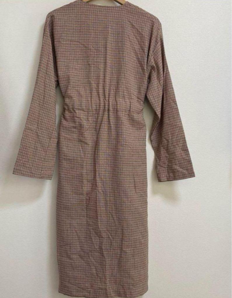 [USED] Brown Check Double-Breasted Coat, No-Collar Long Coat, Korean Style